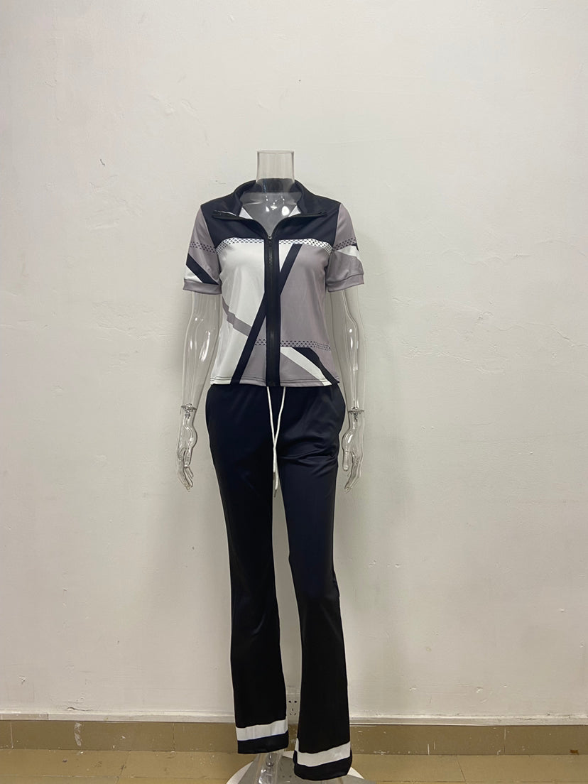 Women Spring Summer Fashion Print Zipper Top and Pant Two-Piece Set 25