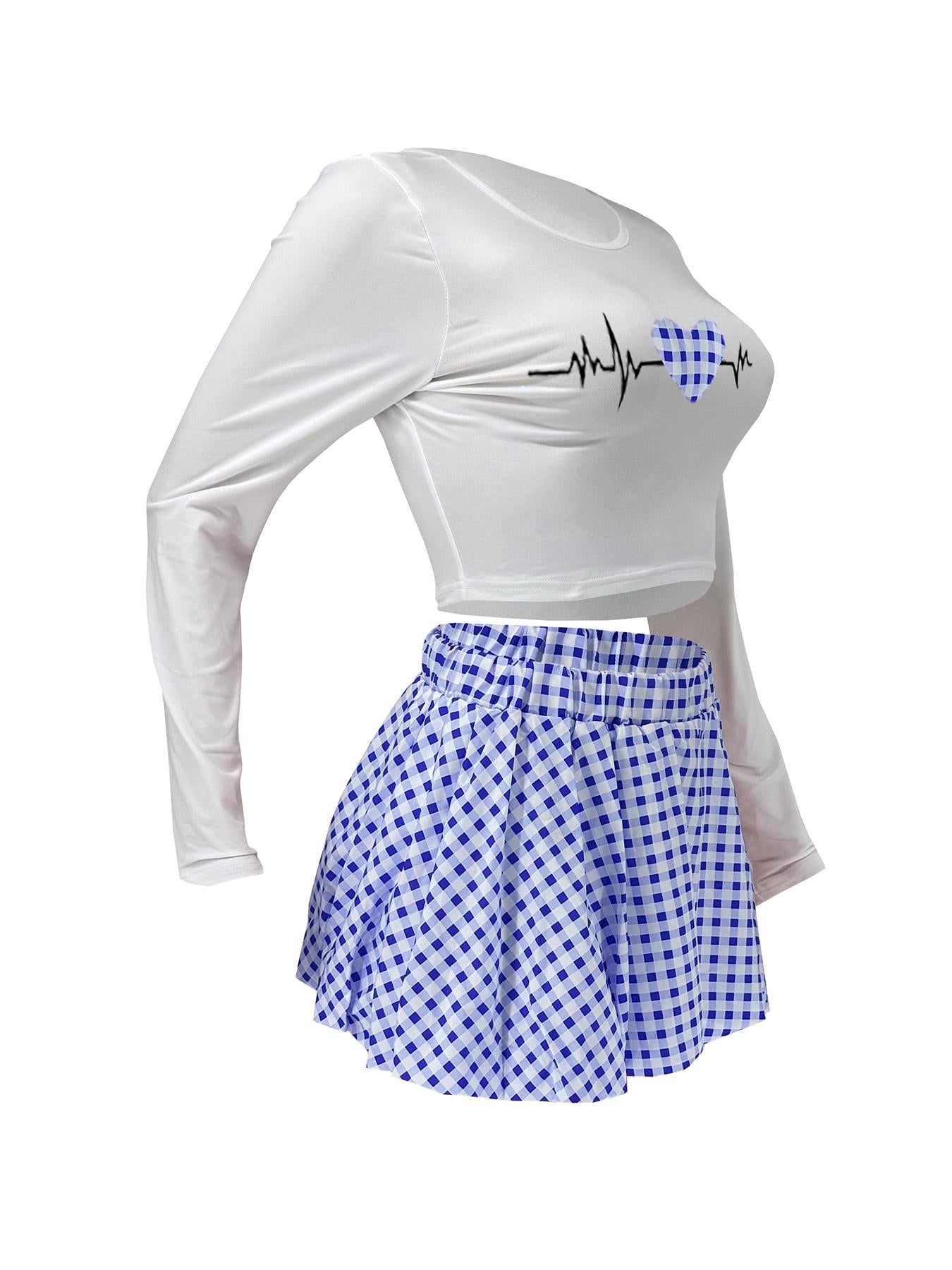 Women Casual Top and Plaid Flower Bud Skirt Two-piece Set 27