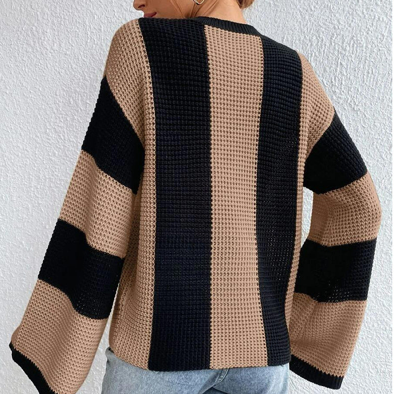 Spring And Autumn Trendy Knitting Sweater Top Round Neck Striped Sweater Jacket For Women 5
