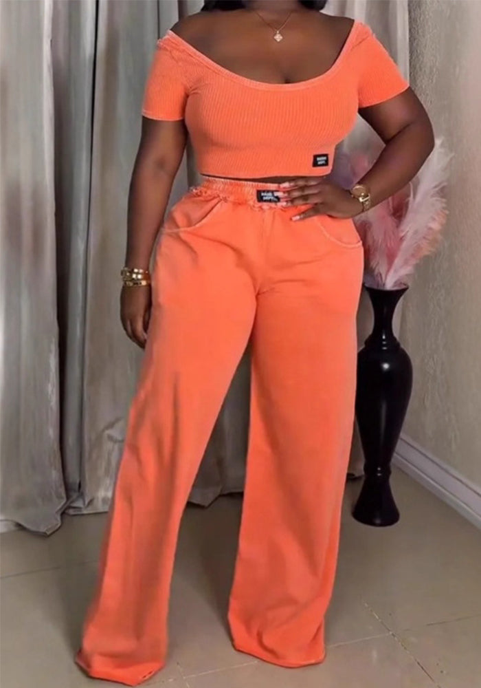 Summer Women's Solid Color Round Neck Short Sleeve Top Casual Pants Set