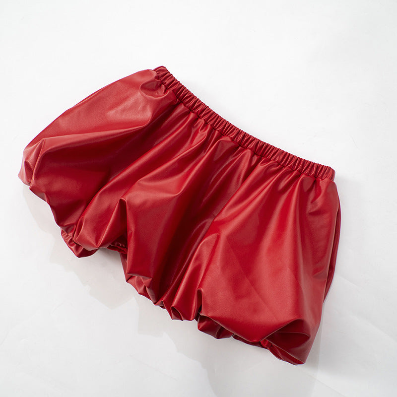 Women nightclub sexy pu Leather jacket Top flower bud SKirt Two Piece Set 15