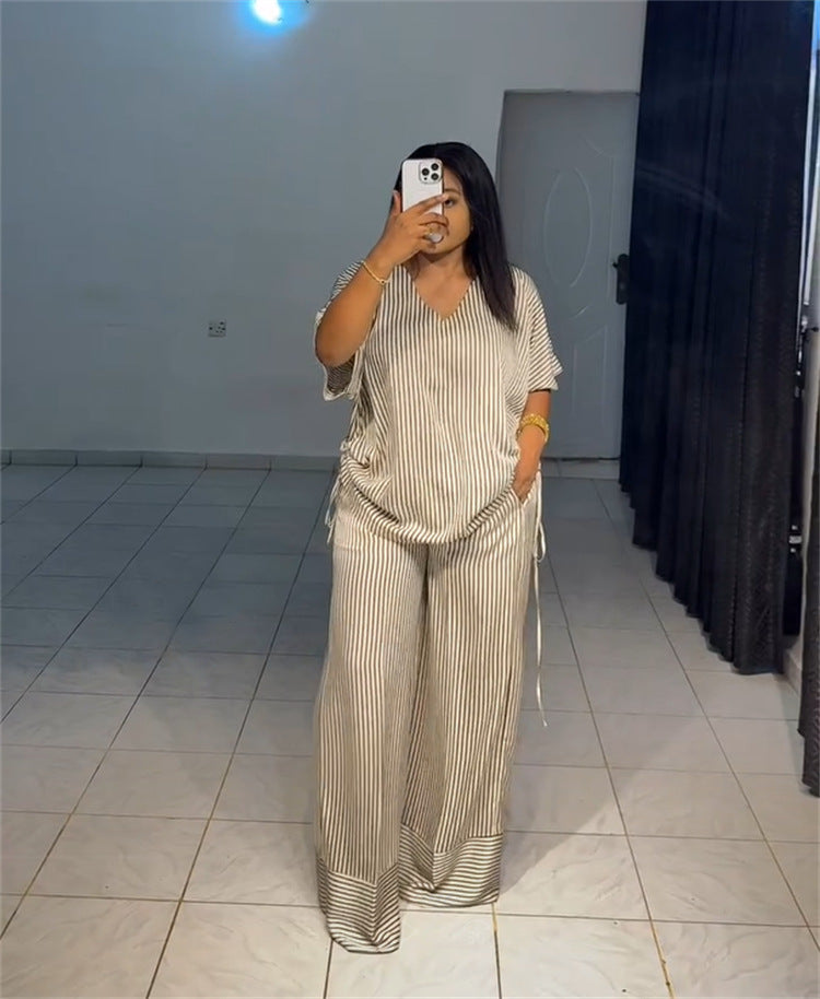Women summer casual loose v-neck striped short-sleeved top and wide-leg pants two-piece set 3
