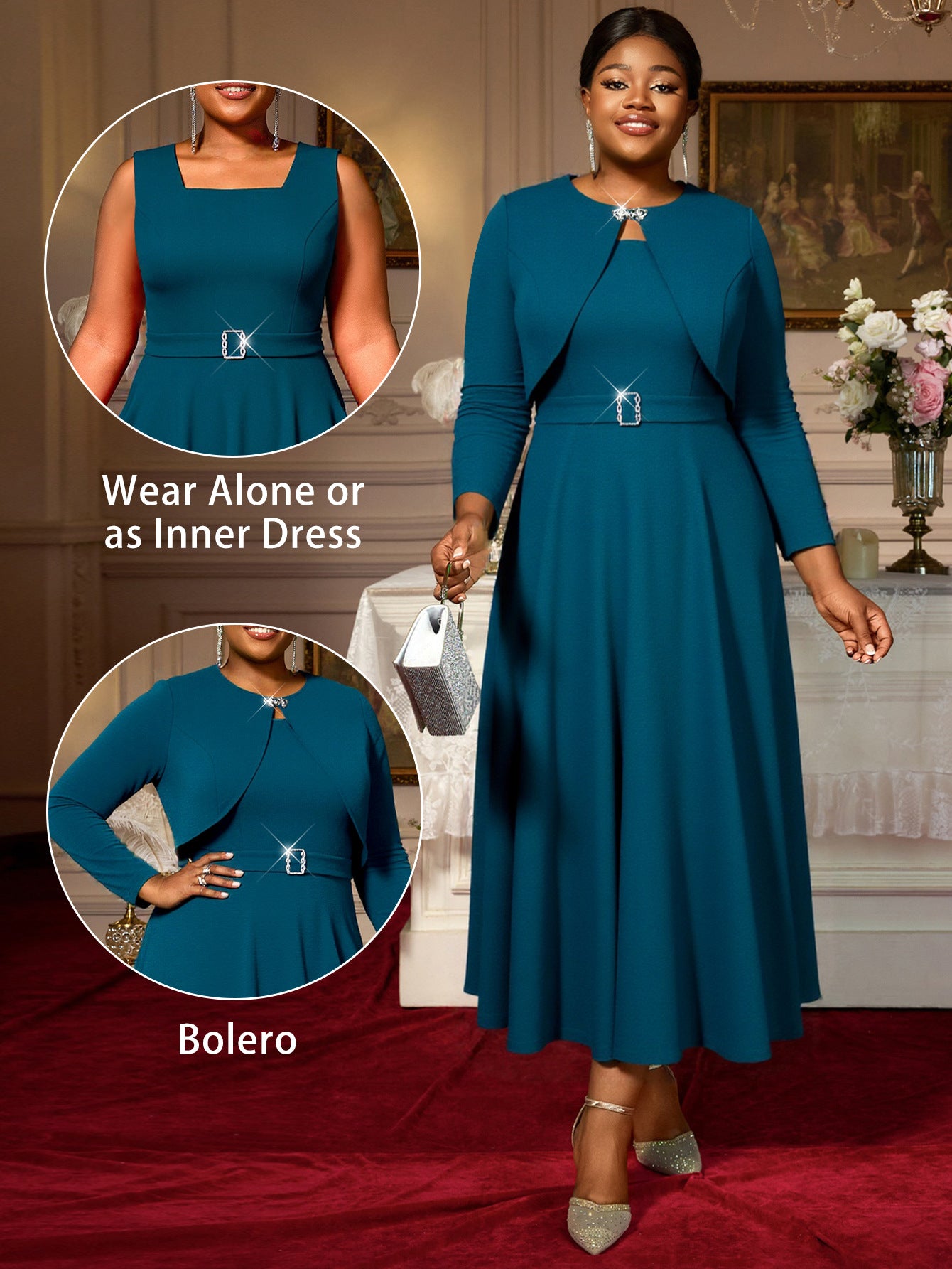 Plus-Size Women Two-Piece Diamond-Embroidered Cape Set Elegant Formal Party Dress for Mother's Birthday 6