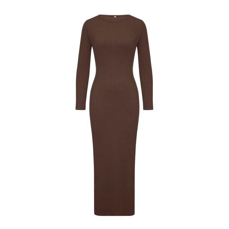 Women autumn solid round neck long-sleeved evening maxi dress 8