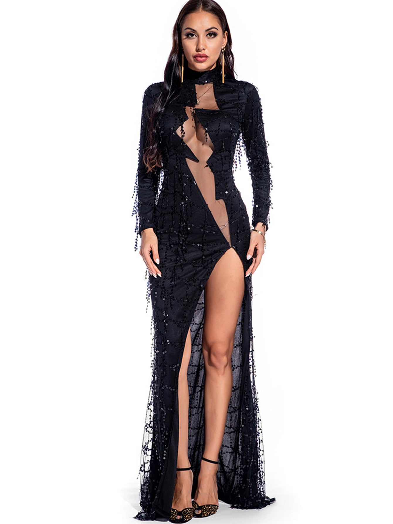 Sexy Long Sleeve See-Through Sequin Women's Evening Dress 5