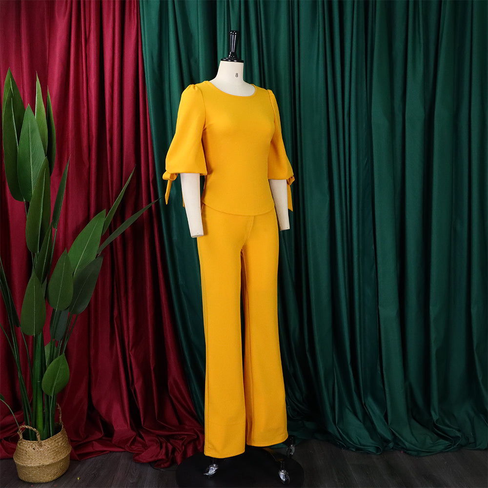 Women's Casual Set Loose Plus Size Lace-Up Top High Waist Wide Leg Pants Two-Piece Set 22