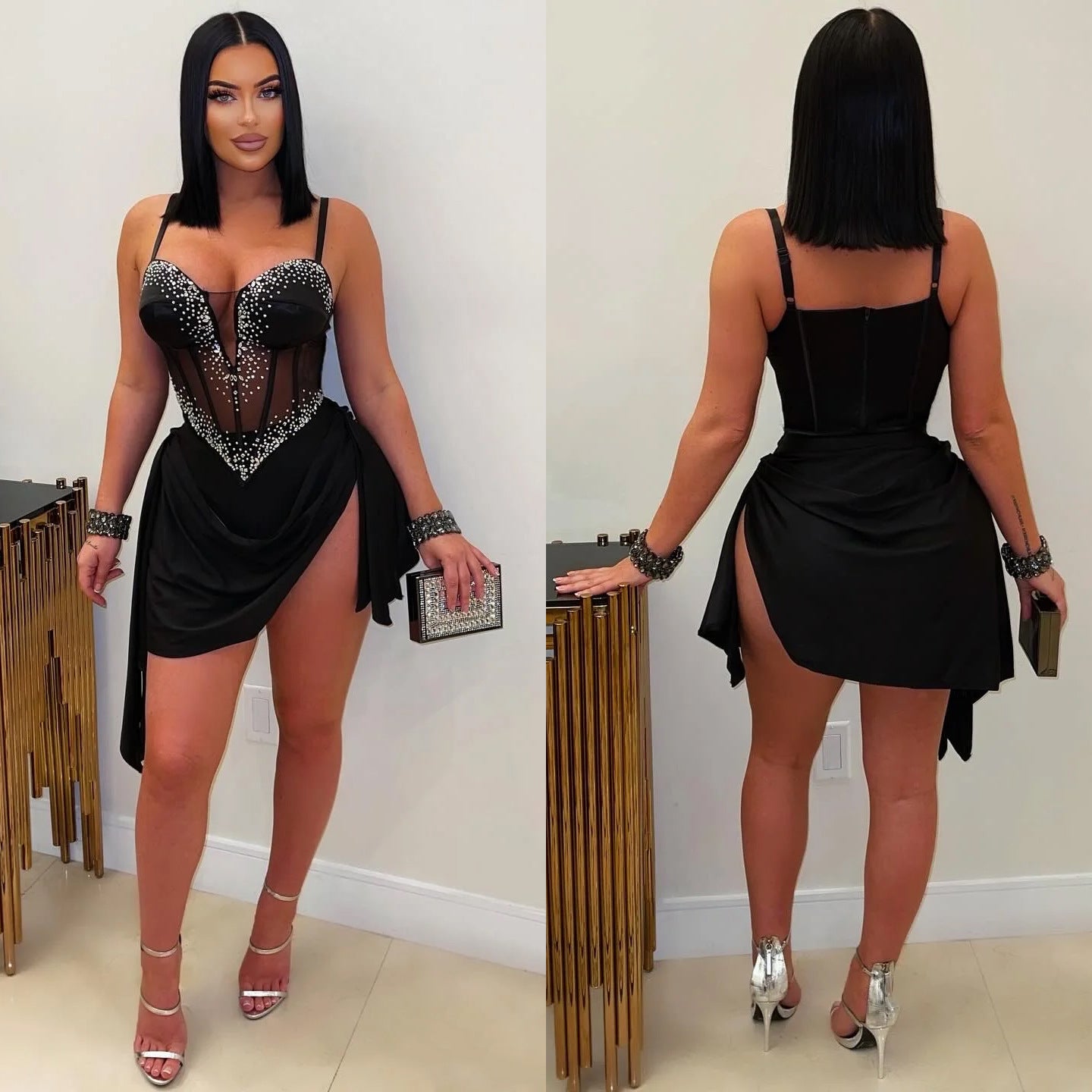 Elegant See-Through Beaded V-Neck Strap Slim Waist Stretch Club Dress 3