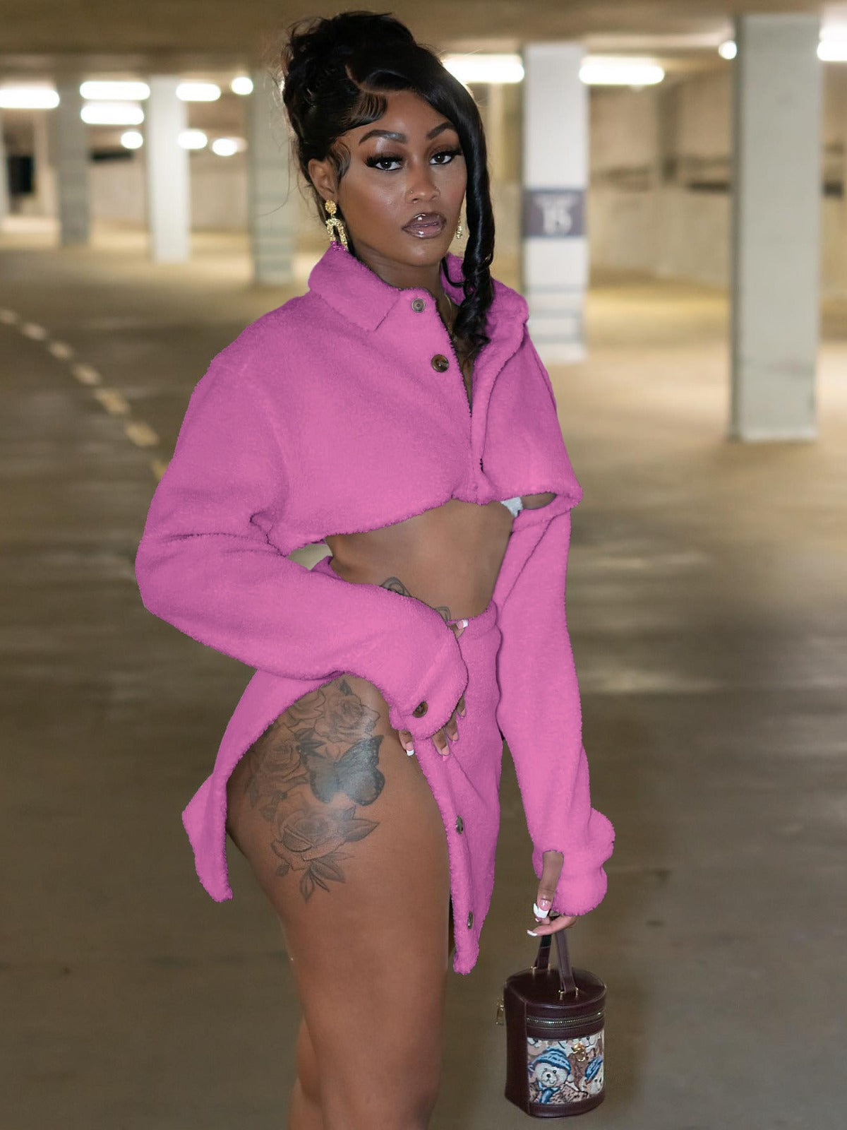 Autumn And Winter Women's Sexy Fleece Turndown Collar Slit Two Piece Skirt Set 7