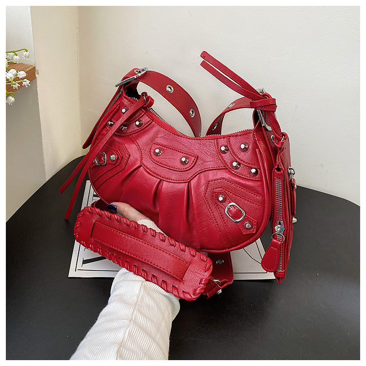 Diagonal pleated single shoulder women's retro rivet bag 64