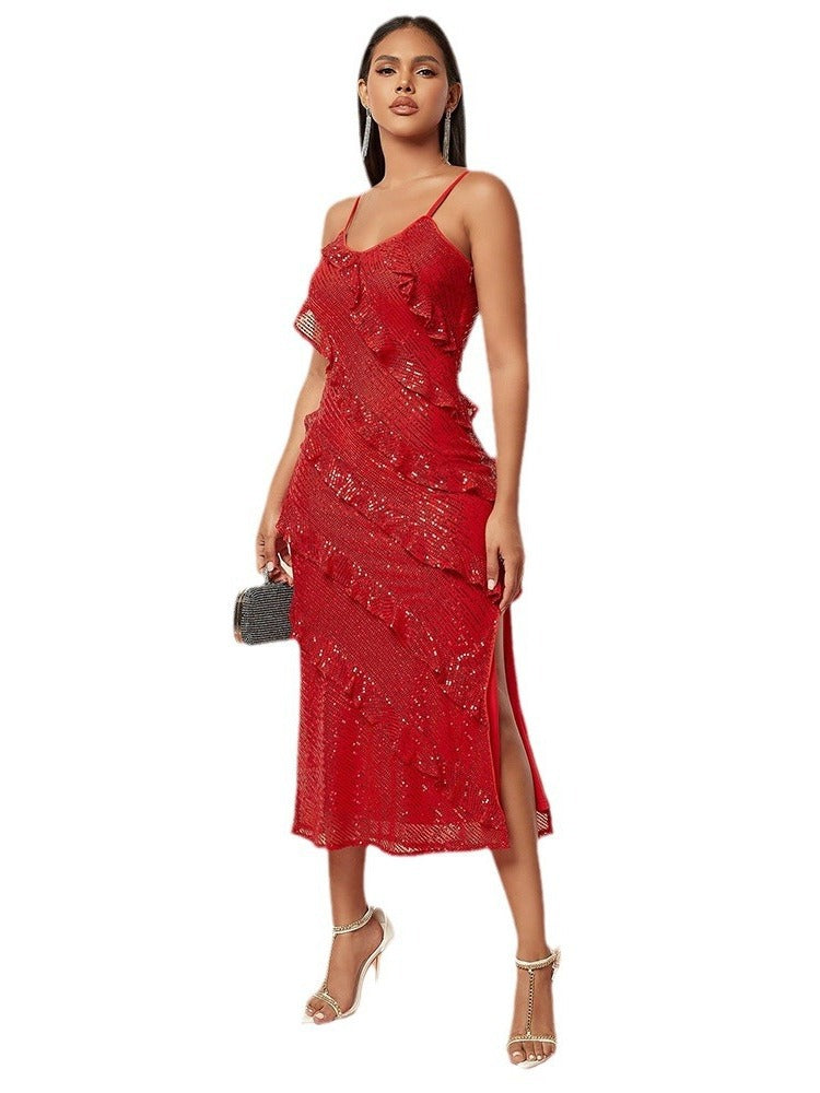 Summer Women Sexy Sequin Backless Suspender Maxi Dress 6