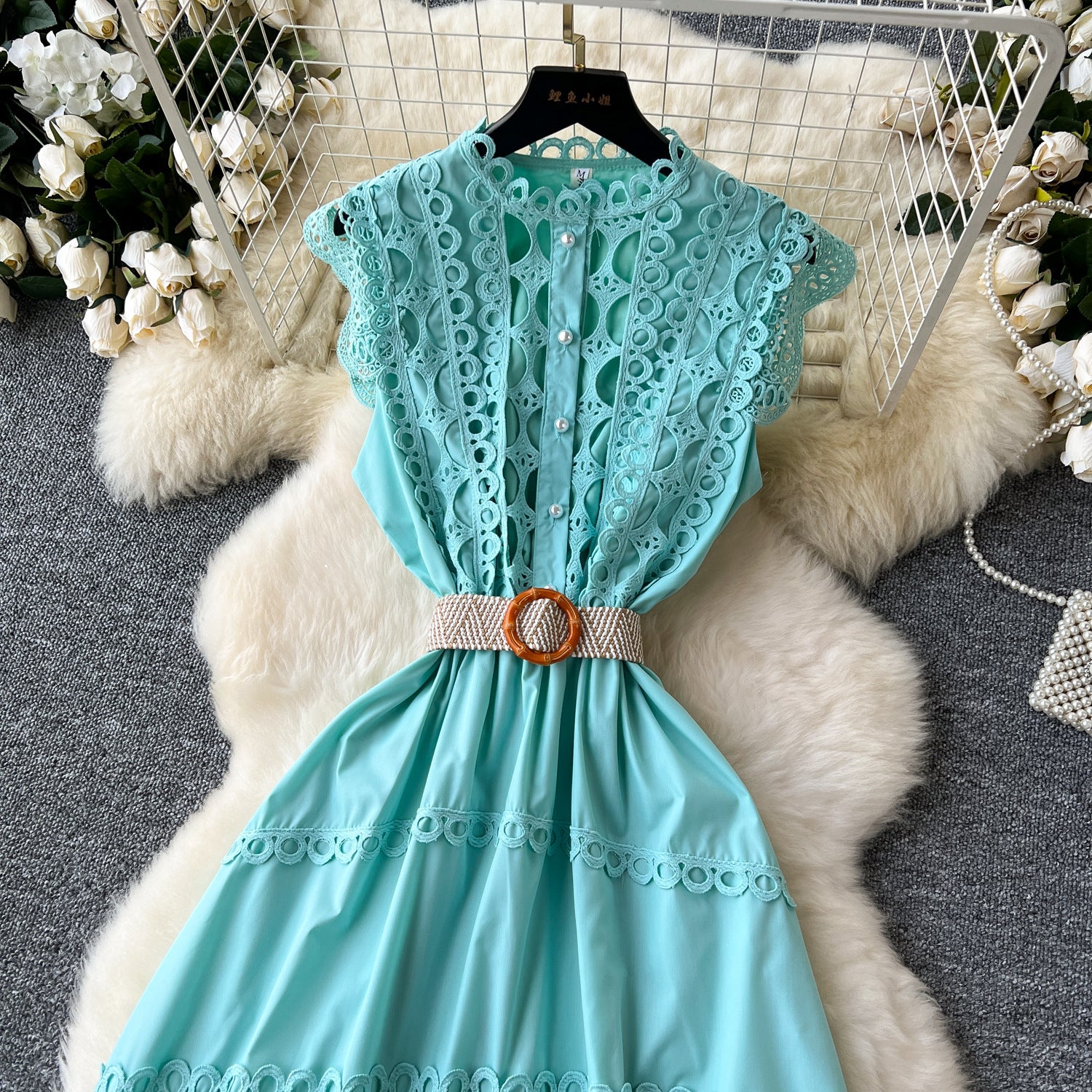 Women Vintage French Elegant Cutout Lace Patchwork Sleeveless Dress 15