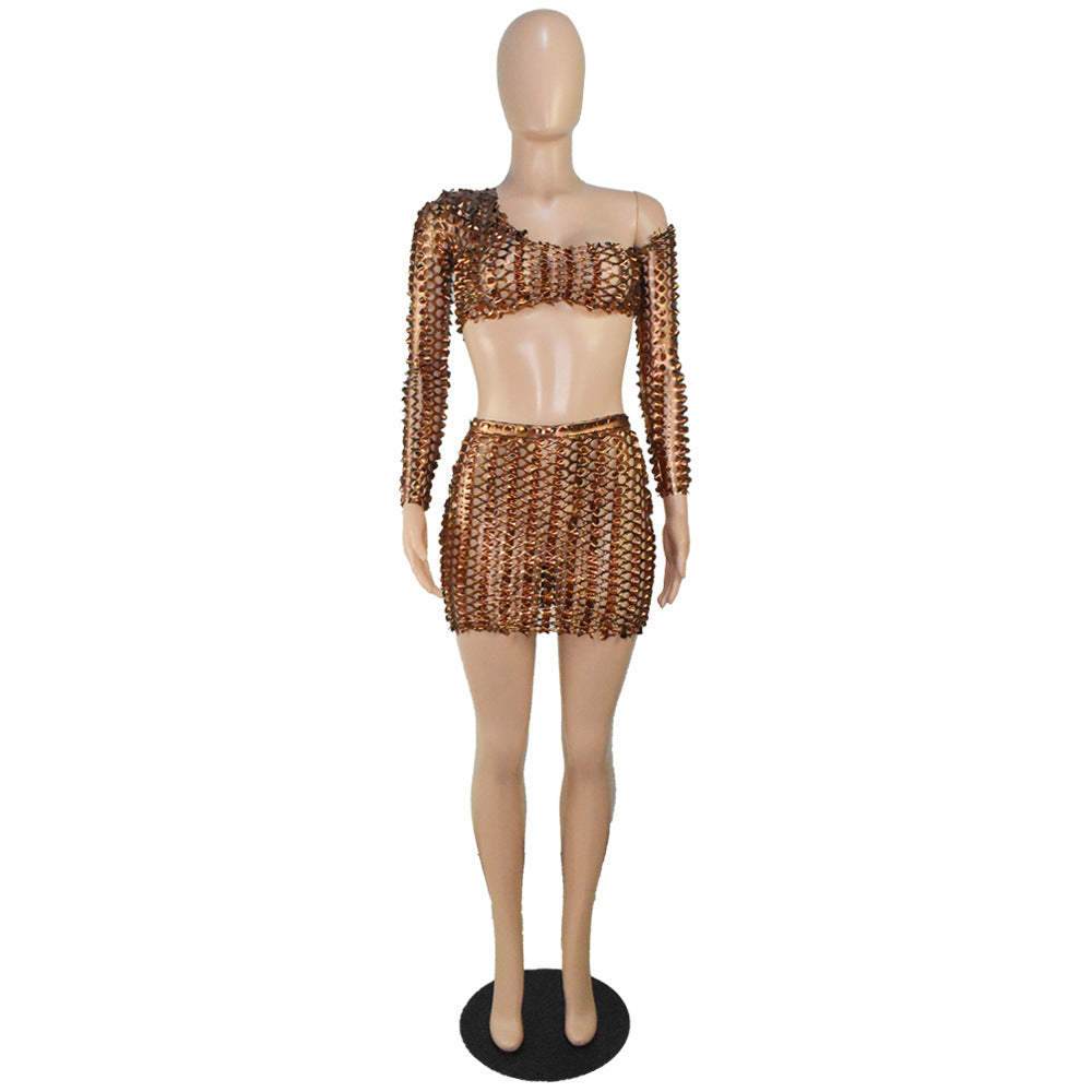 Women Sexy Mesh Hollow Hollow Long Sleeve Crop Top + Skirt Two Piece Set 21