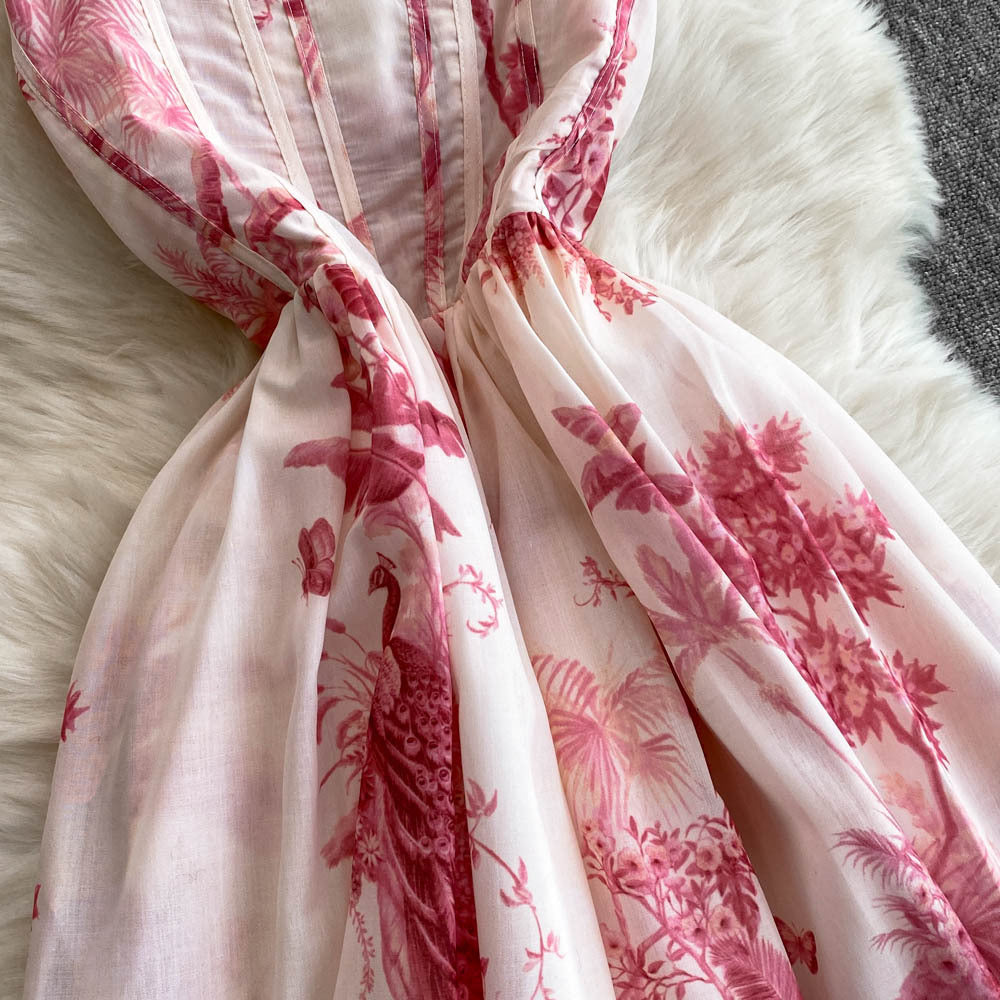 Women's Summer Printed Strap Elegant Slim Waist Long Dress 8