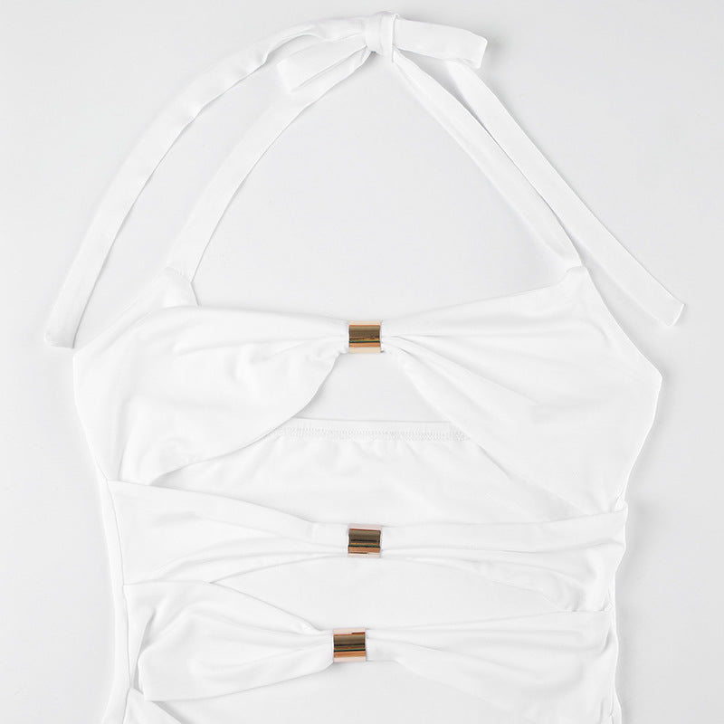 Summer sexy women Holidays metal Patchwork hollow Halter Neck slim short dress 12