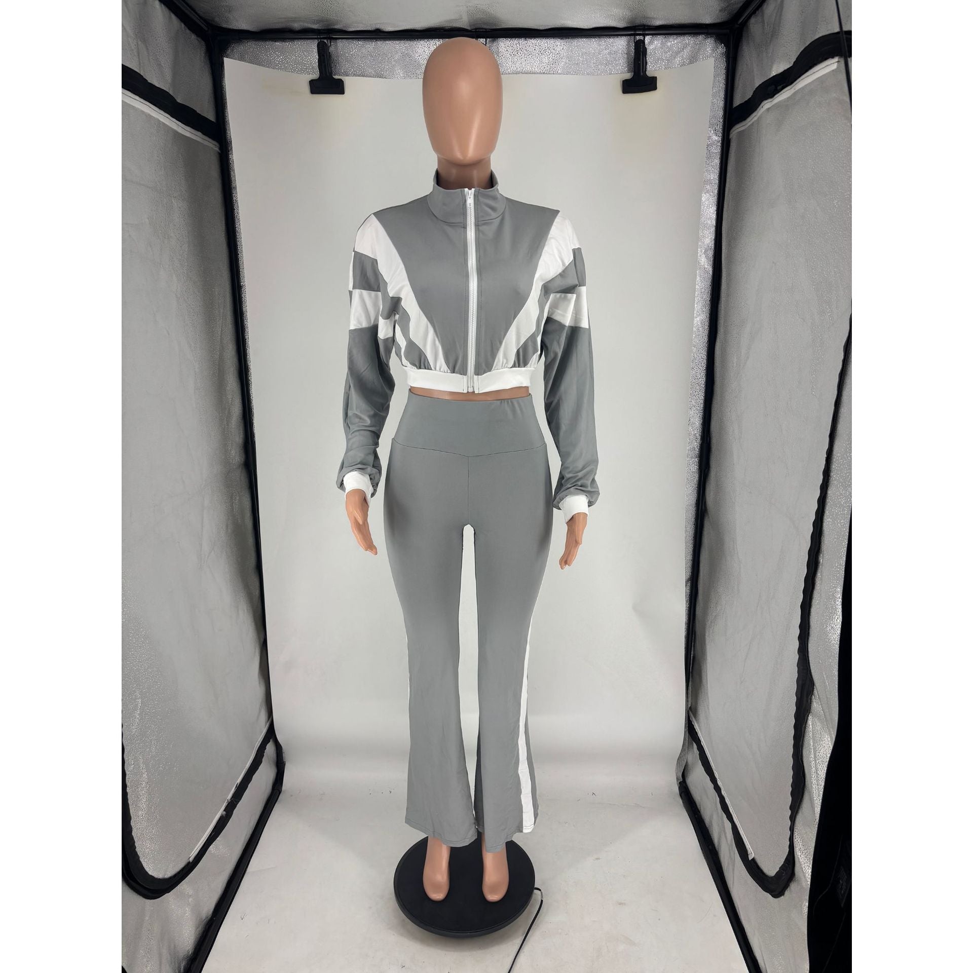 Women's Chic Casual Color-Block Long-Sleeve Zipper Top Slim Fit Bell Bottom Pants Set 27