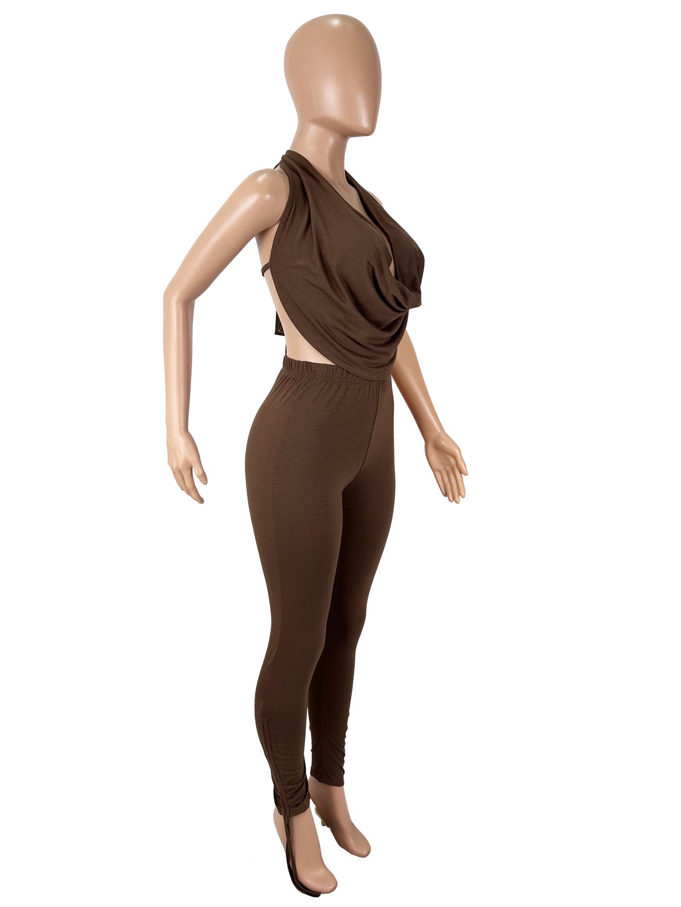 Women's Sexy Halter Neck Draped Neck Large Low Back Lace-Up Top with Drawstring Ankle Pants Two-Piece Set 4