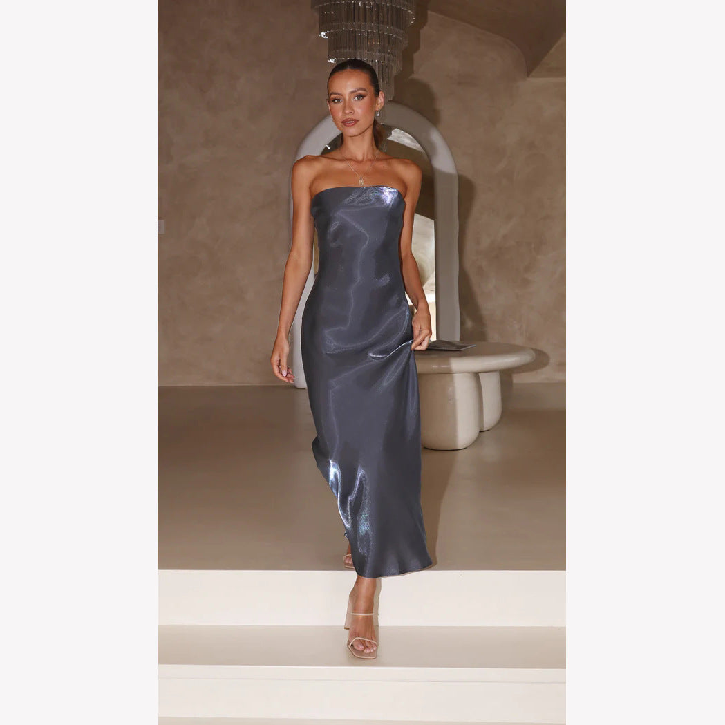 Summer Style Bright Solid Color Strapless Sexy Long Dress 9