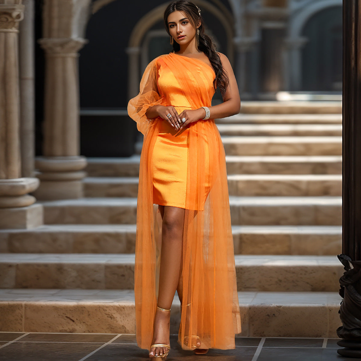 Women One Shoulder Collar Mesh Patchwork Bodycon Formal Party Dress