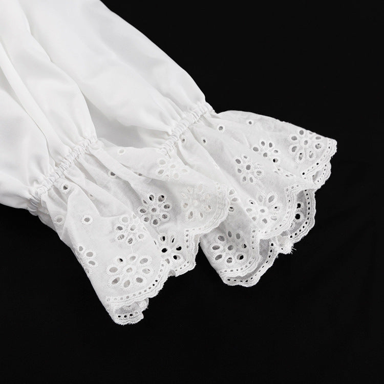 Stand Collar Diamond Button Ruffle Shirt Women Trendy White Shirt Top 11