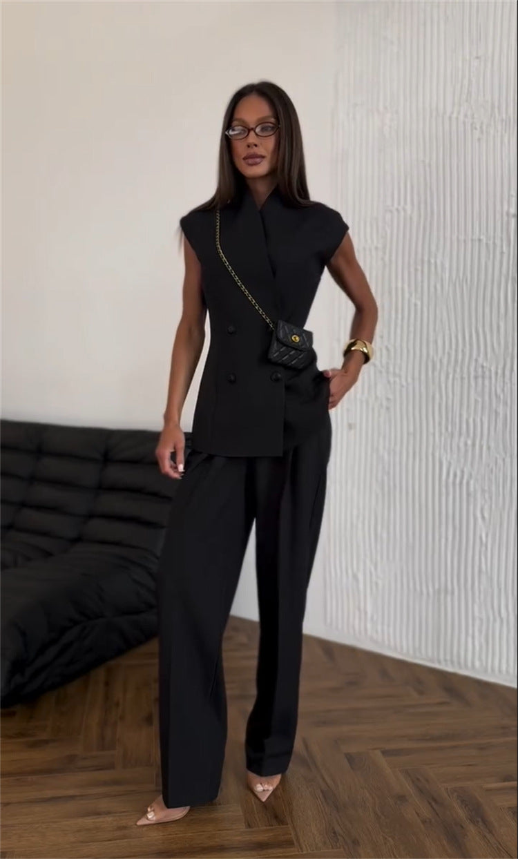 Women's Summer Chic Double-Breasted Slim-Waist Vest Top & High-Waist Pants Two Piece Set 5