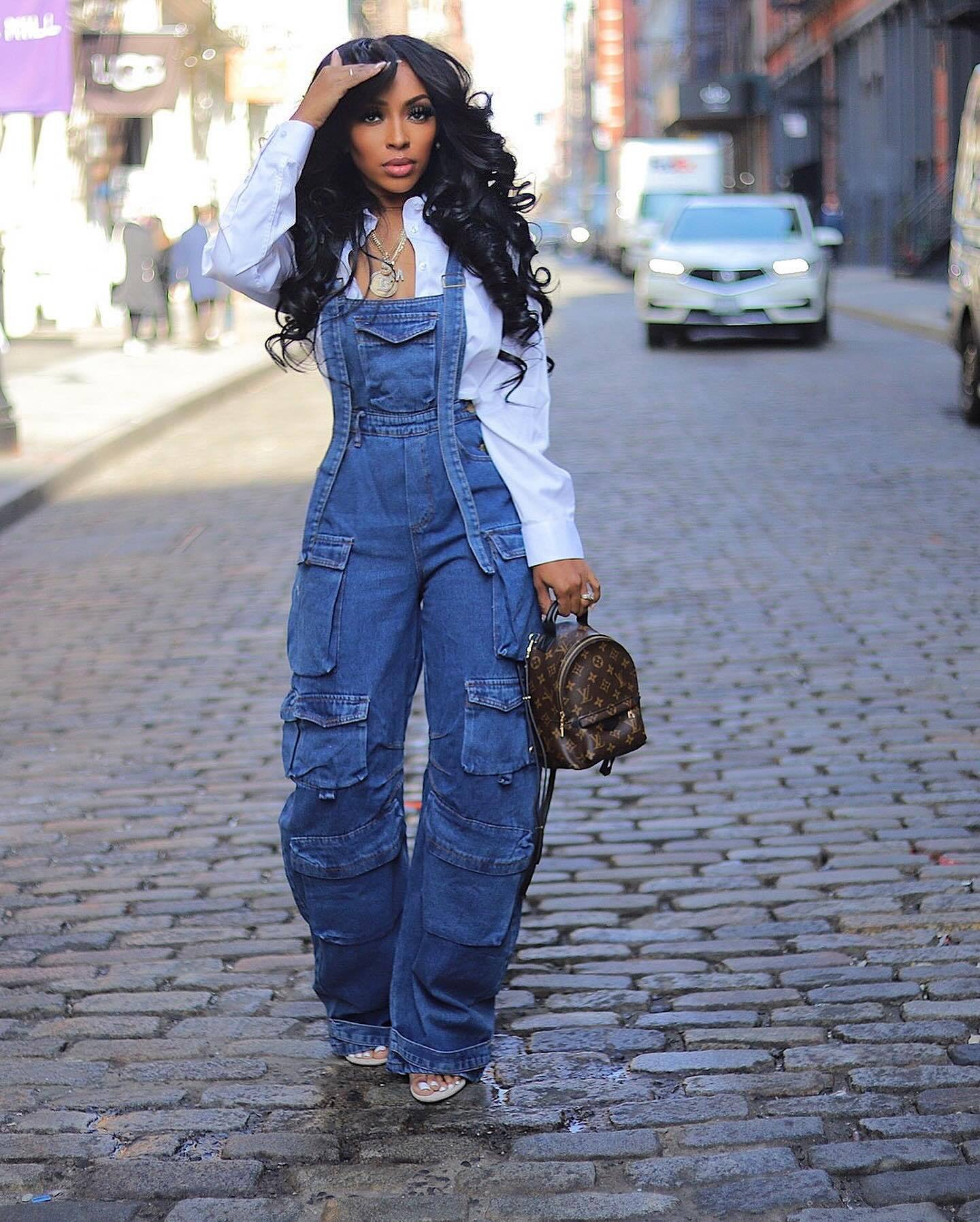 Women style washed Denim loose cargo overalls 8