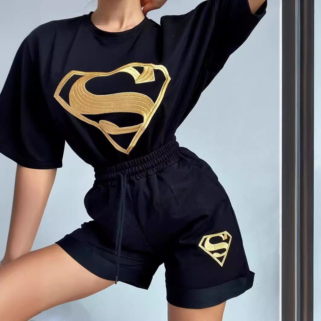 Women's Summer Embroidered Sports Casual Shorts Two Piece Shorts Set 8