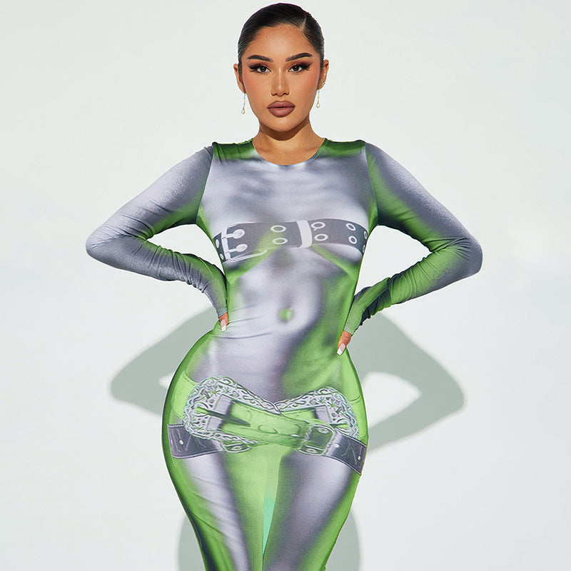 Women's Spring Round Neck Long Sleeve Print Solid Color Long Dress 5