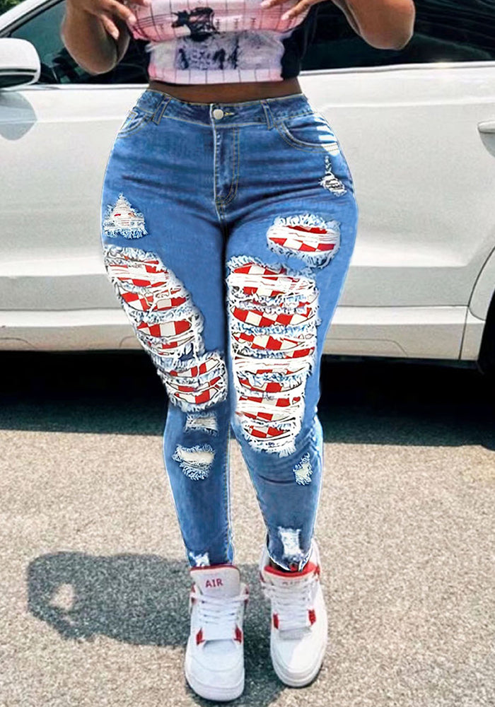 Sexy Red Plaid Patch Ripped Tight-Fitting Casual Stretch Denim Pants