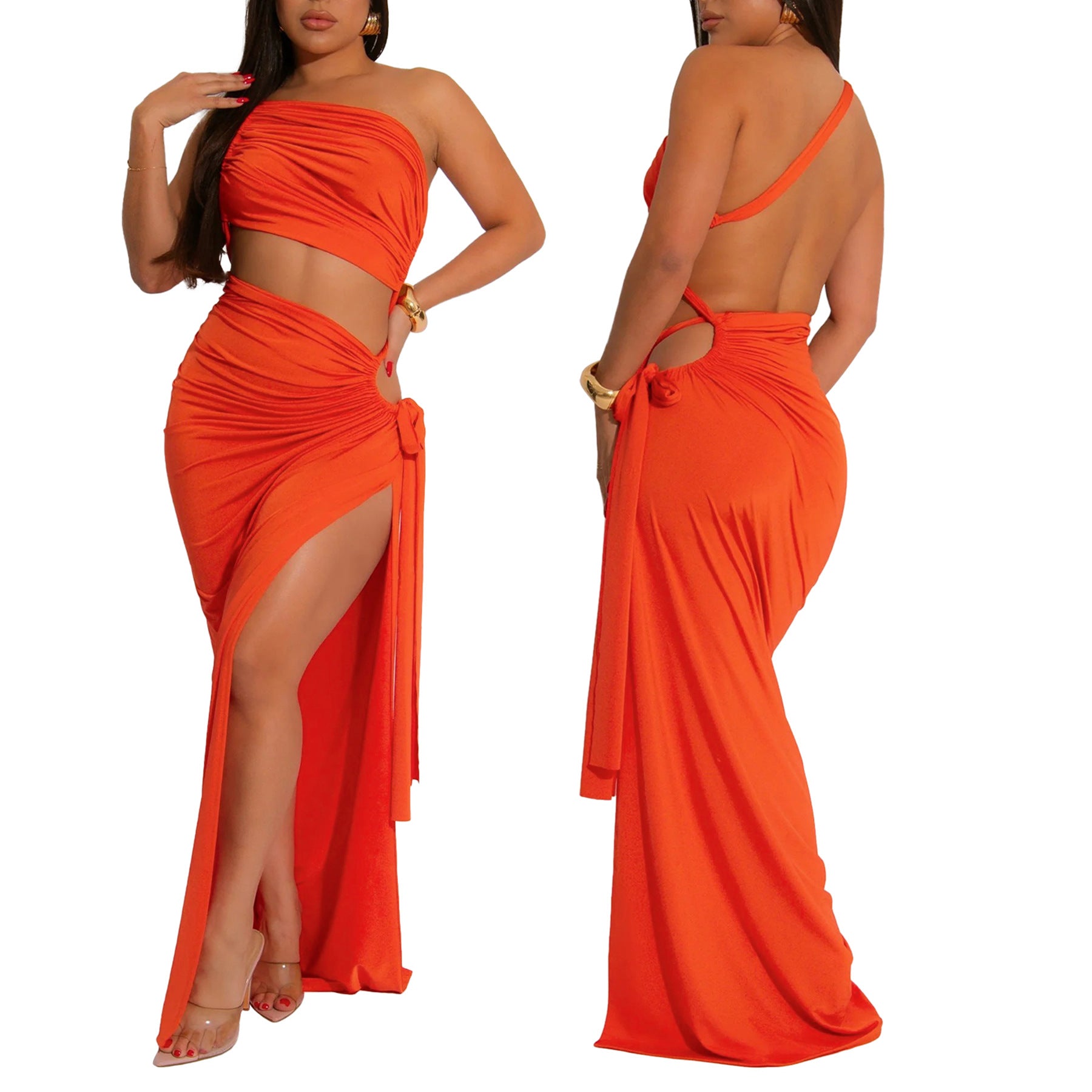 Fashionable women's solid color slash shoulder sexy slit dress 6