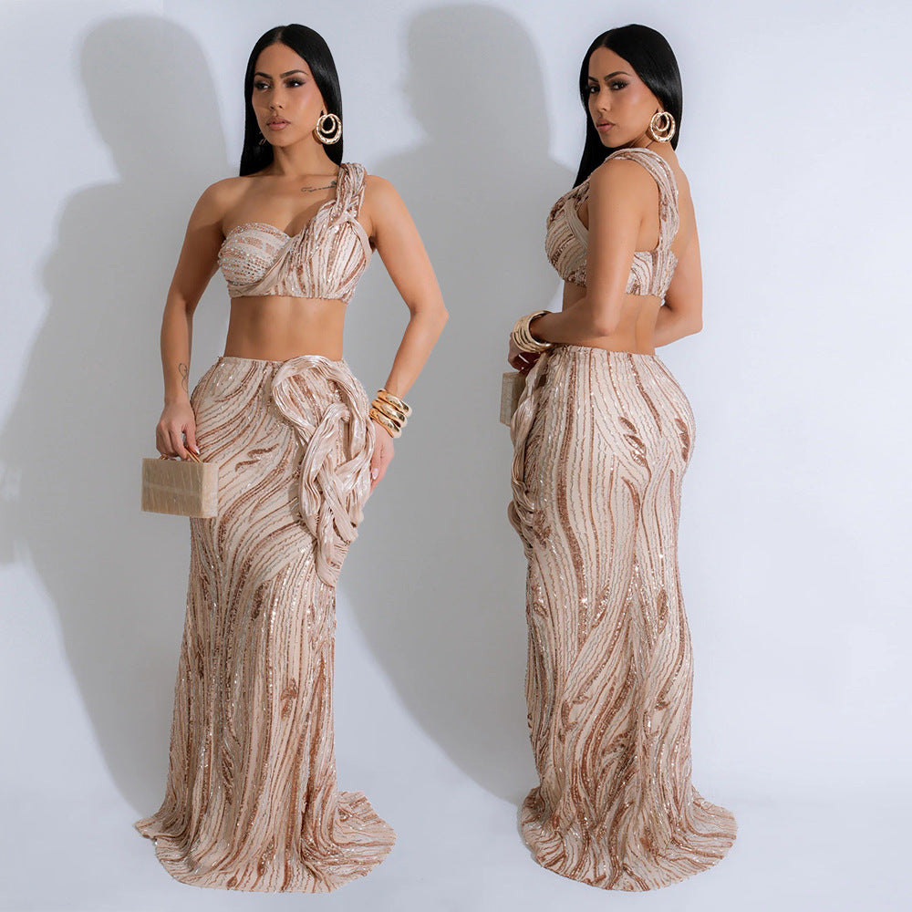 Women sleeveless one-shoulder Crop Top and sexy Bodycon skirt two-piece set 5