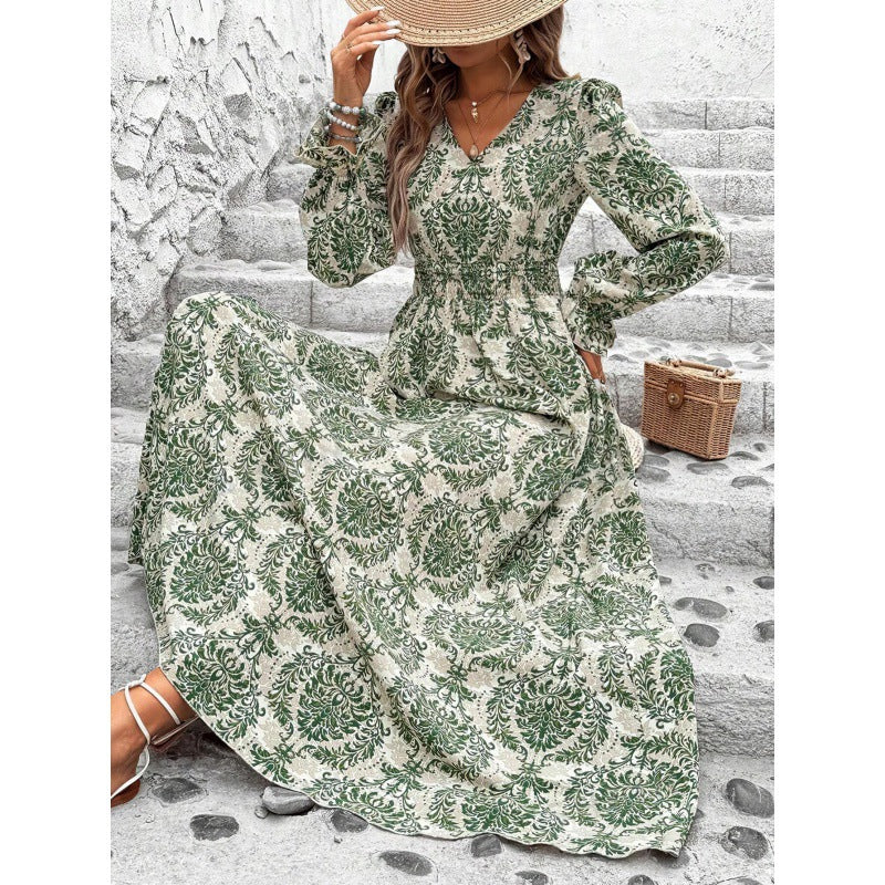 Autumn Women's Printed V-Neck Long Sleeve Fashion Long Dress 9