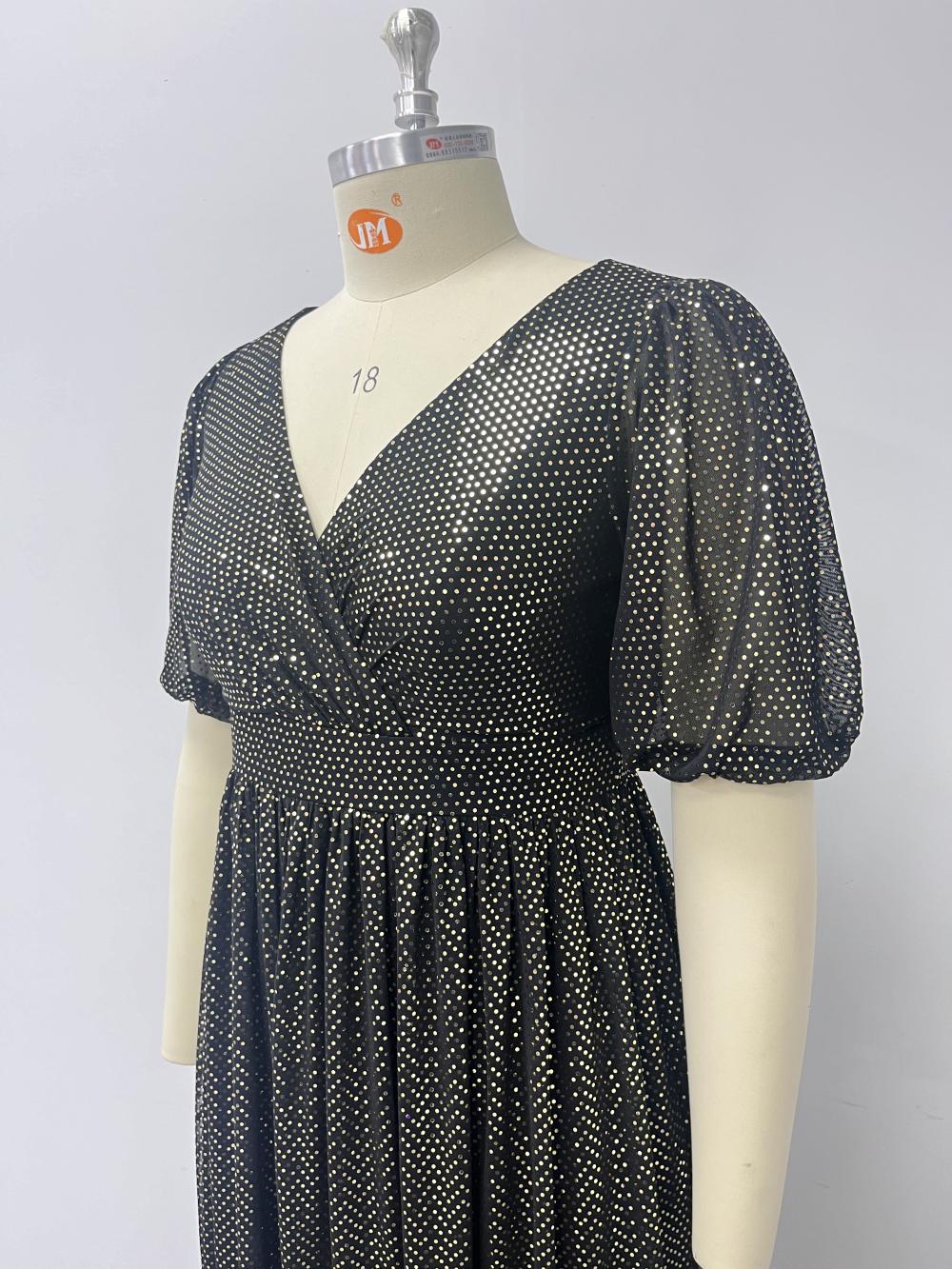 Plus-Size Glitter V-Neck Patchwork Short-Sleeve A-Line Fully Lined Evening Dress 12