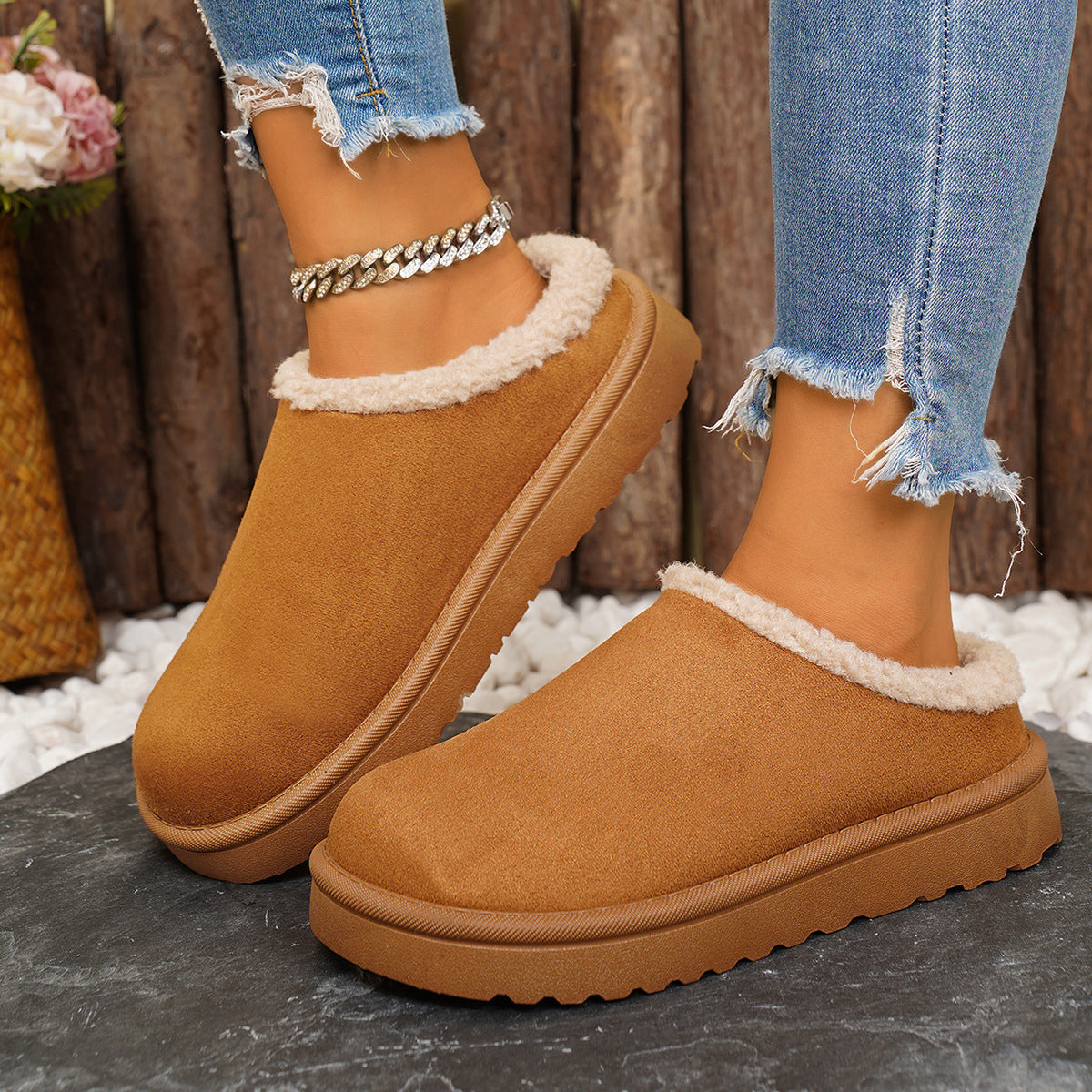 Women's Winter Plush Warm Fleece Soft Sole Round Toe Flat Bottom Slippers 8