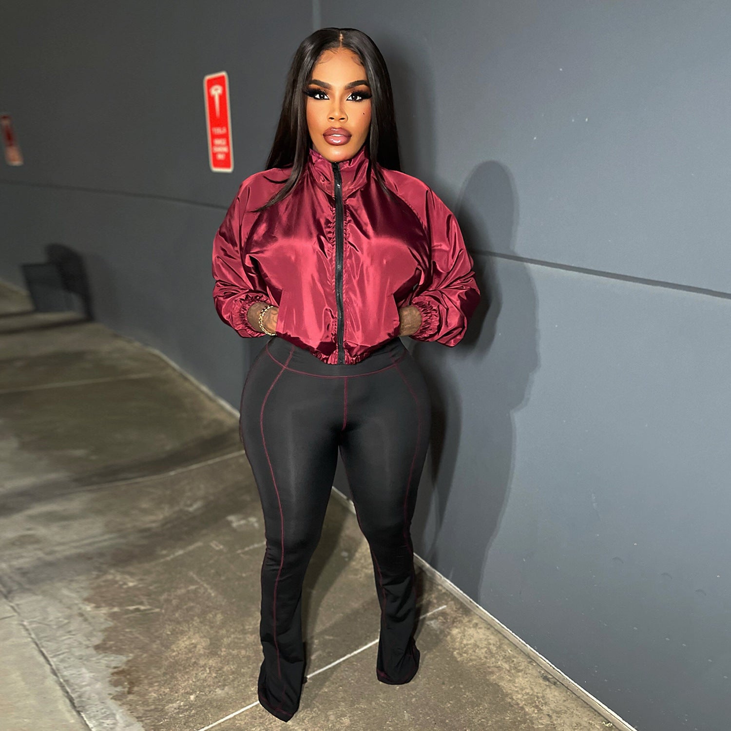 Women Casual Zippered Top and Bell Bottom Two-Piece Set 3