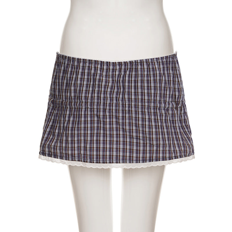 Women's Plaid Lace Trim Elastic Tie-Waist Trendy Woven Short Shirt Set 4