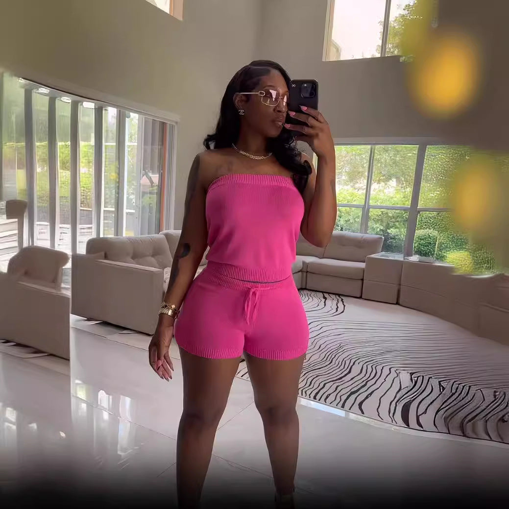 Women casual solid top and shorts two-piece 7