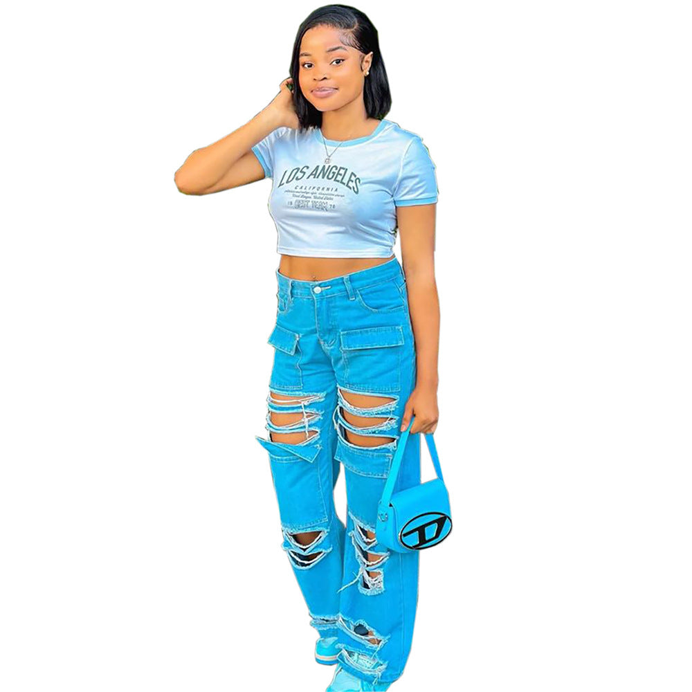 Women Street Style High Waist Ripped Pocket Straight Denim Pants 6