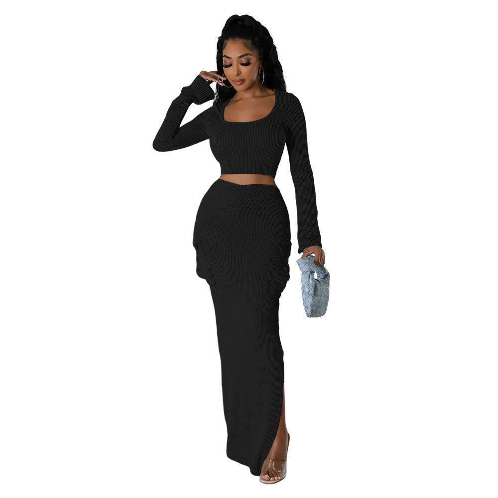 U-neck Tight Fitting short top with high waist and slit Bodycon long skirt autumn and winter two-piece set 20