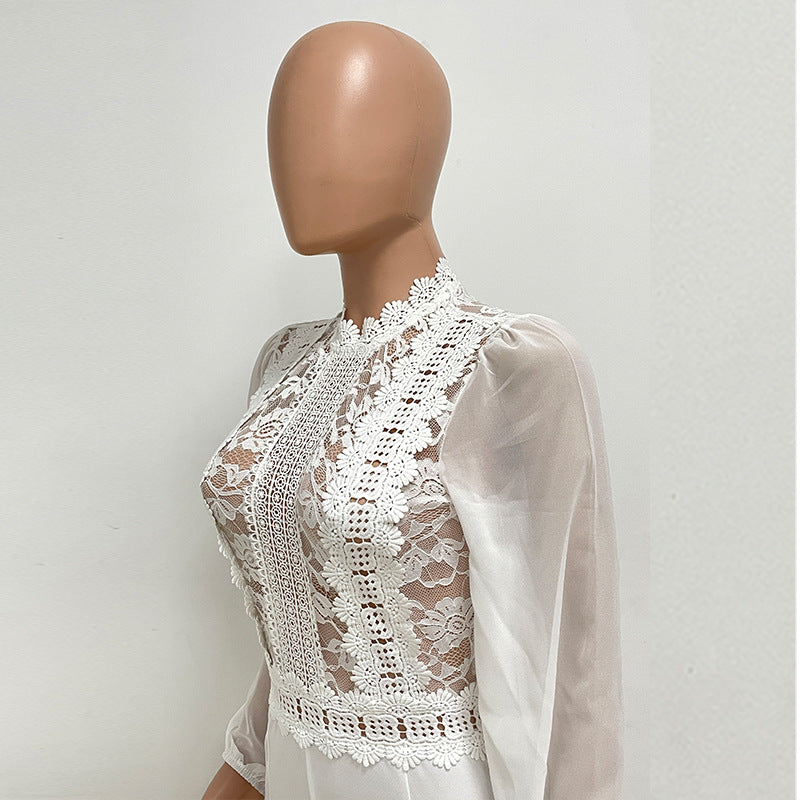 Women's High Waist High Collar Lace Long Sleeve Straight Leg Jumpsuit For Women 12