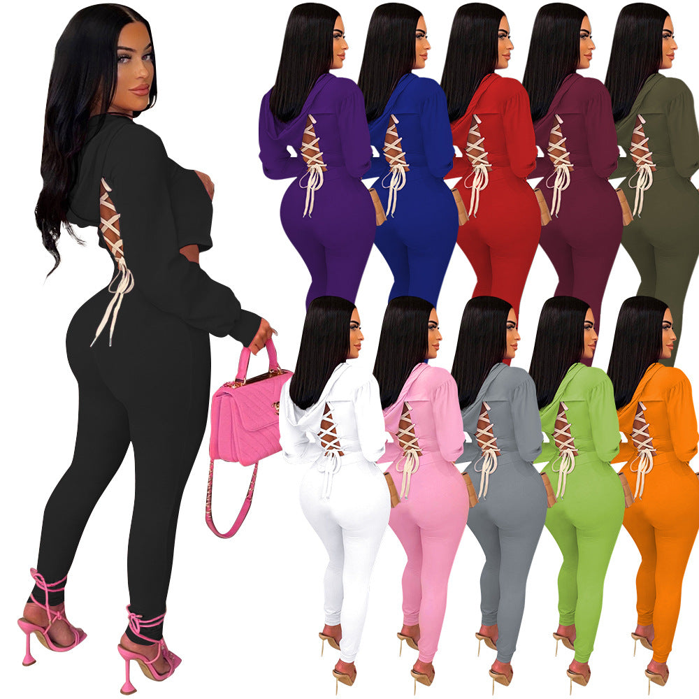 Women Autumn/Winter Long Sleeve Top+Lace-Up Pants Solid Color Two-piece Set 13