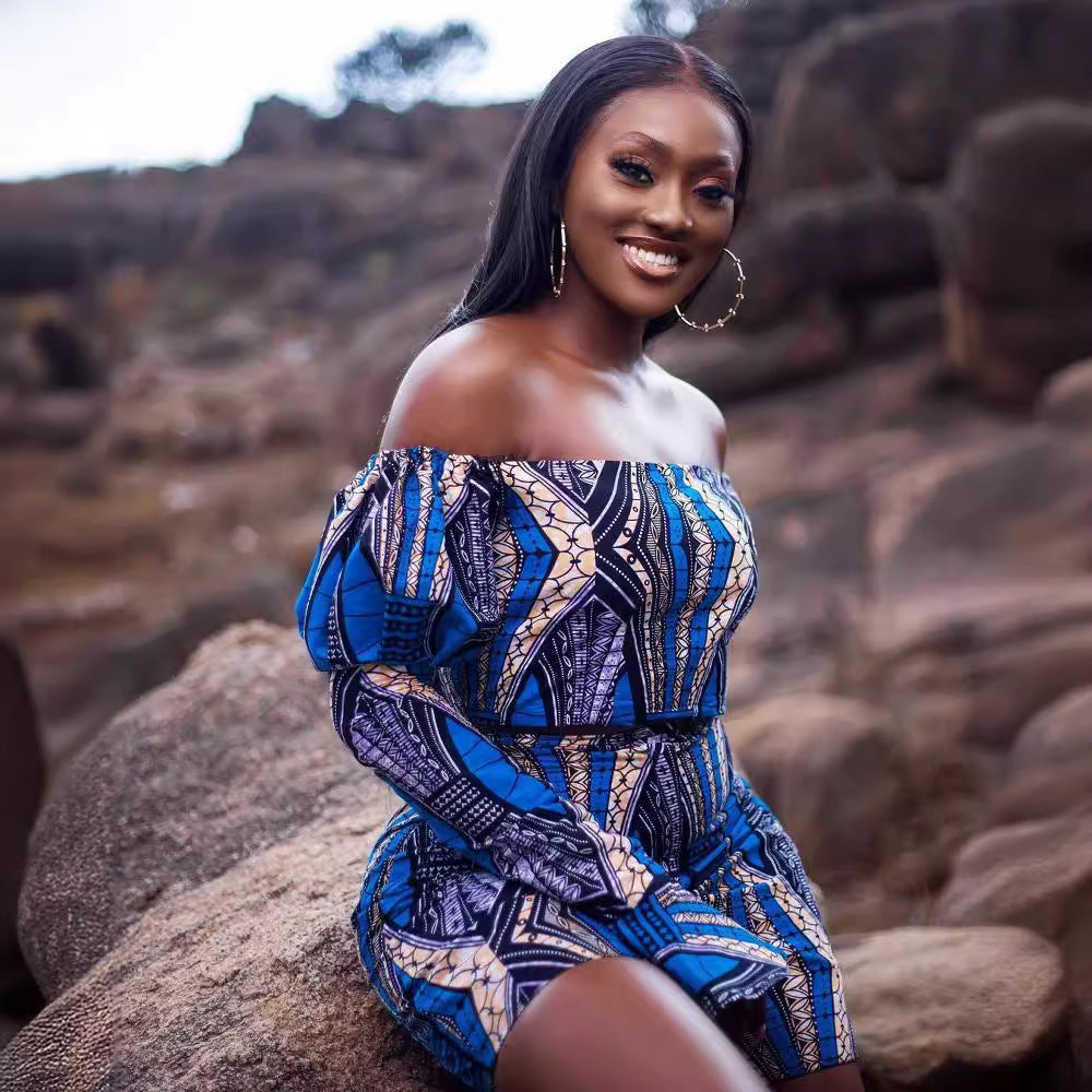 Summer Sexy Blue Long Sleeve Printed Fashion Casual Shorts Set 3