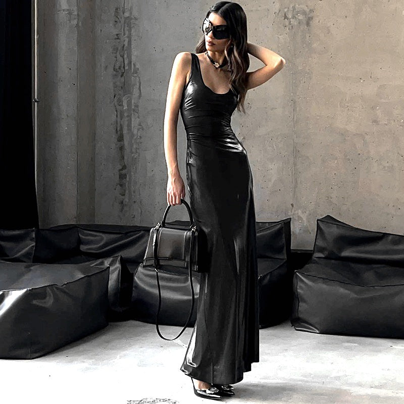 Women Summer U-Neck Solid Slit Sleeveless Dress 3