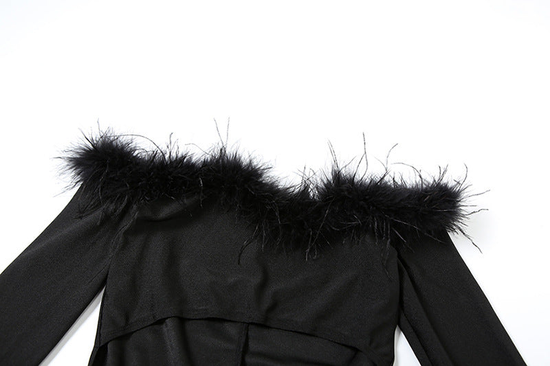 Spring Fashion Street Trend Off Shoulder Fur Patchwork High-Waist Hollow Women's Jumpsuit 12