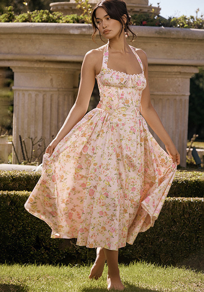 Summer Fashion Print Halter Neck Strap Long Dress