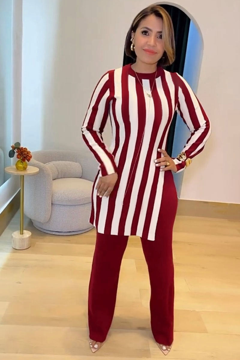 Women stripe printed long-sleeved top and pants two-piece set 3