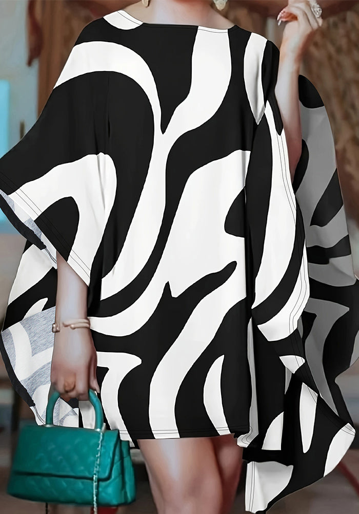 Women Chic Irregular Black and White Print Loose Top