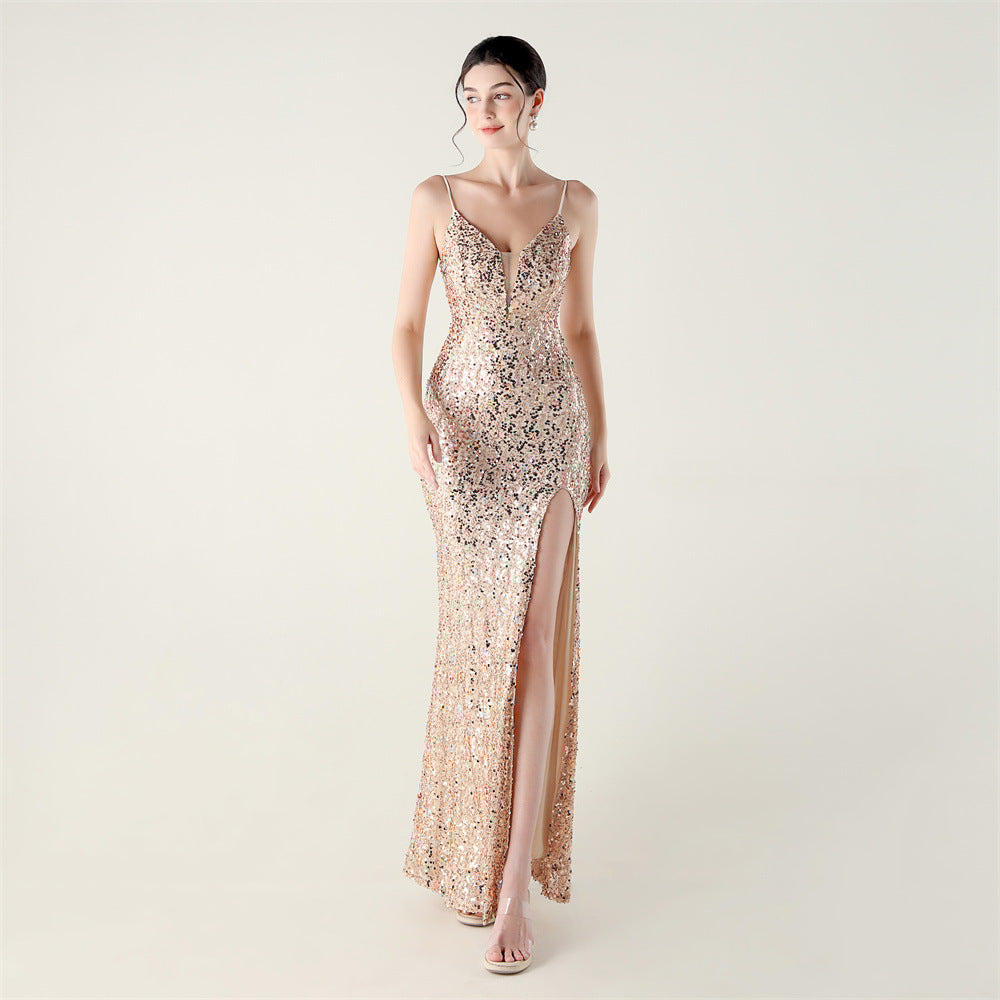 Women beaded tube sequin spaghetti strap cross lace-up evening slit evening dress 5