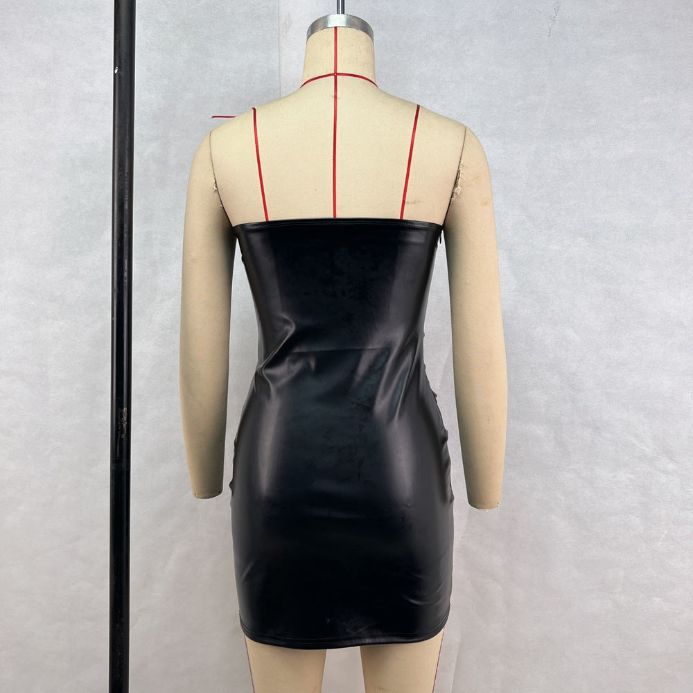 Women's Autumn And Winter Fashion Sexy Strapless Slim Waist Bodycon Pu Leather Pleated Dress 6