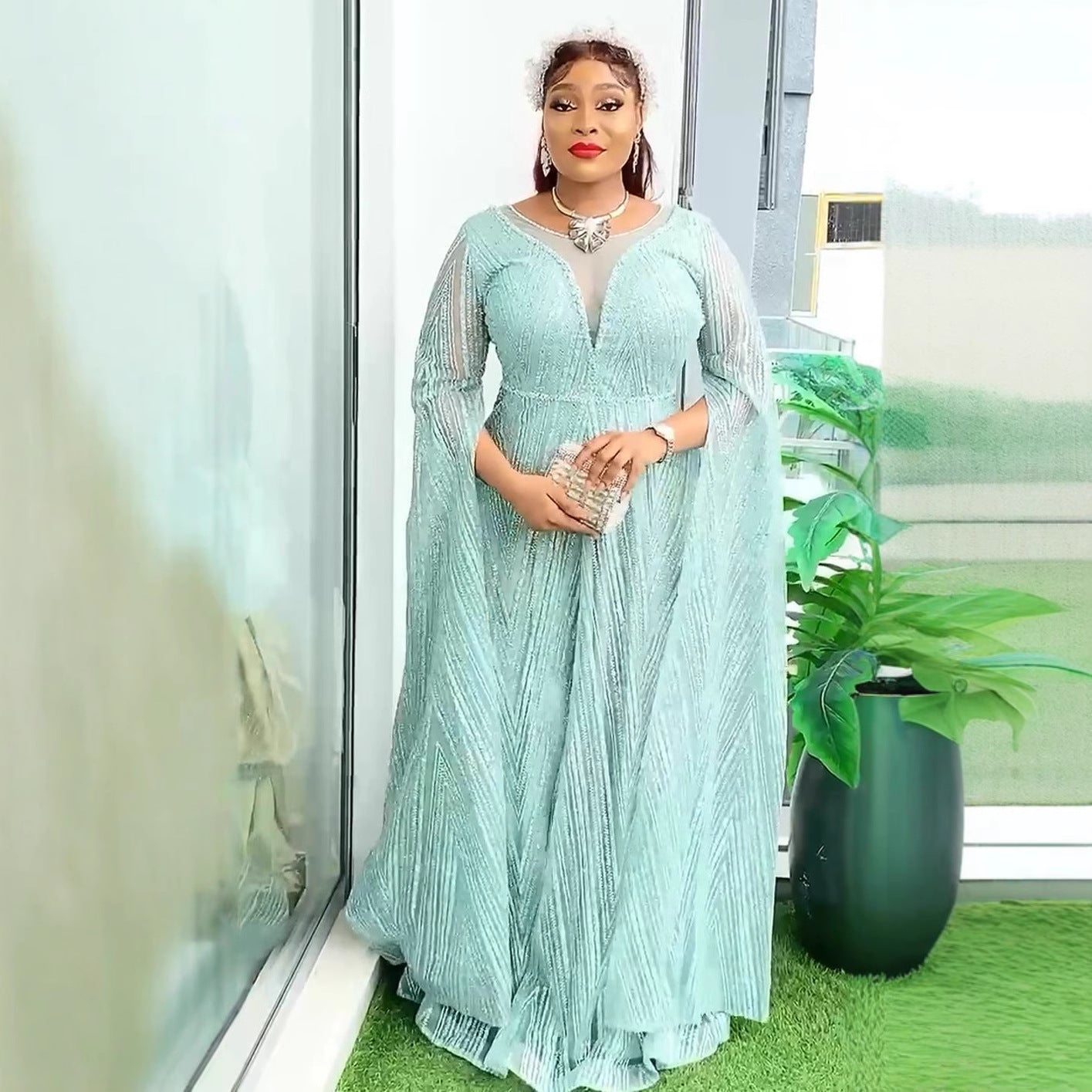 African Fashion Women's V-Neck Sequin Dress Plus Size Formal Party Dress