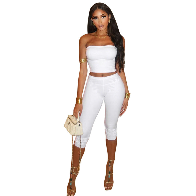 Women's spring and summer solid color Strapless Crop Top elastic waist seven-quarter split pants set 7